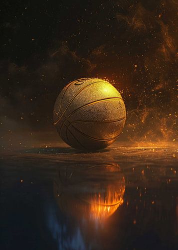 Gouden basketbal die in een donkere omgeving oplicht met een weerspiegeling