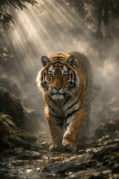 Majestätischer Tiger im nebligen Wald – kraftvolles Wildlife-Kunstposter mit Sonnenstrahlen