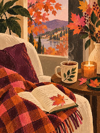 Leeshoekje in de herfst – fauteuil, boek en thee van Albert Klee