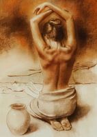 figuren in een sepia-getinte, soft-focus artistieke stijl.