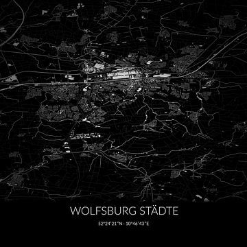 Carte en noir et blanc de Wolfsburg Städte, Basse-Saxe, Allemagne. sur Rezona
