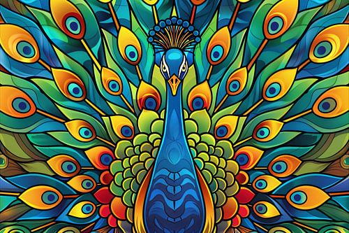 Kleurrijke pauw in glas-in-loodstijl