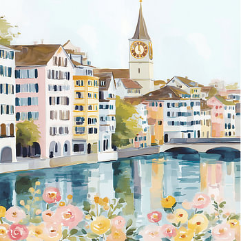 Aquarell Stadtbild von Zürich – Limmat & Altstadt Illustration
