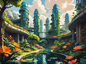 Een utopische stad waar natuur en technologie samenkomen