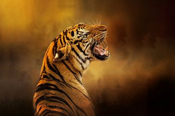 Portrait de tigre sibérien rugissant sur Diana van Tankeren