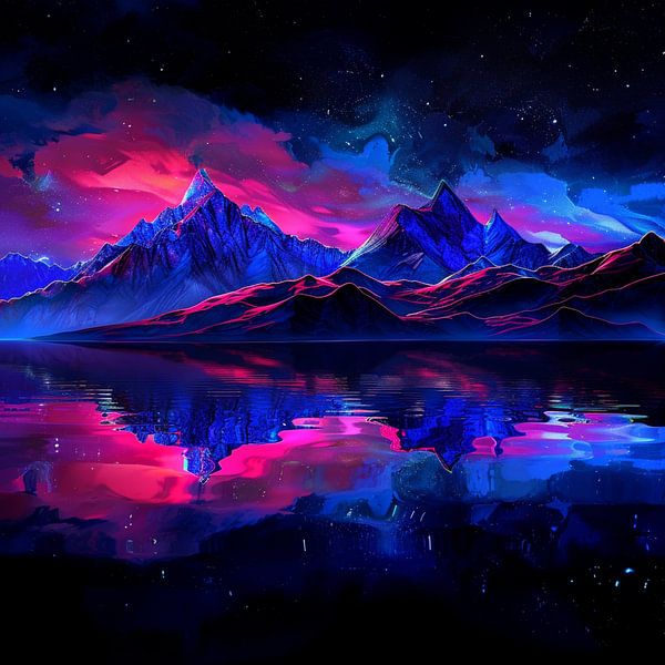 Neon landscape mountains sky river bright black by gm_designs