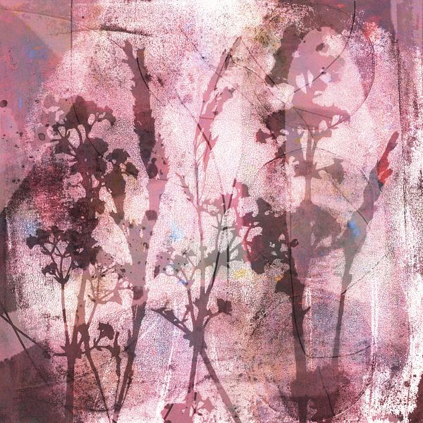 Modern abstract botanical art in pastel colors. Pink and brown flowers by Dina Dankers