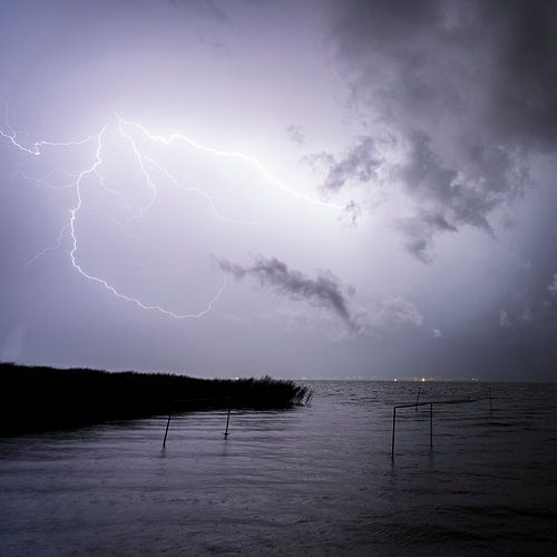 Lightning and thunderstorms at Lake Balaton in Hungary. Evening Night