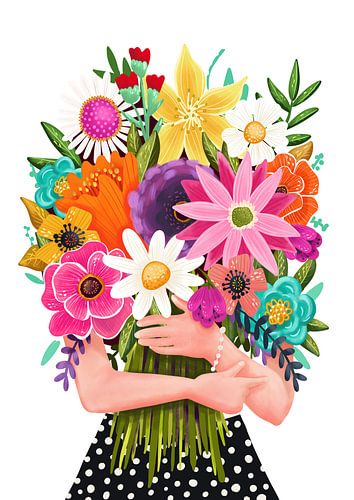 Woman holding colourful bouquet of flowers on white background
