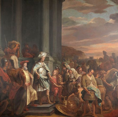 Koning Cyrus overhandigt de geroofde schat uit de tempel van Jeruzalem, Ferdinand Bol, 1655 - 1669