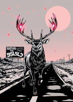 Pink-Accented Deer on the Road – Minimalist Black & White by MIROKKU