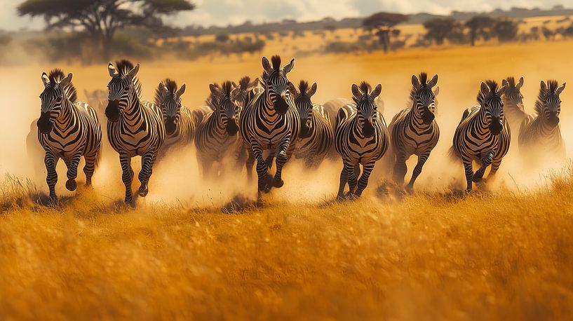 Troupeau de zèbres courant dans la savane par Lisa Bovenlander