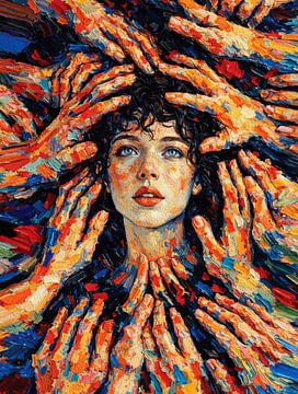 Raw Emotion Woman Hands Face Vibrant Impasto Portrait