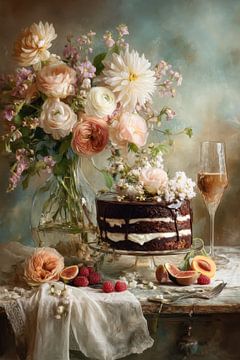 Cake and Champagne with Flowers - Elegant Still Life by Joriali photography and paintings