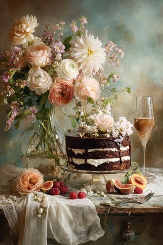 Taart en Champagne met Bloemen -  Elegant Stilleven
