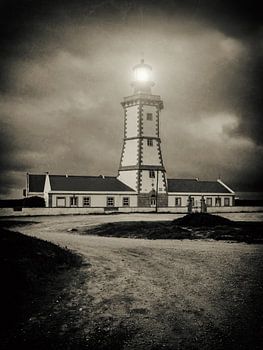 Cape Espichel Lighthouse on a Stormy Night - Black and White Sepia Scene of Portugal Iconic Beacon