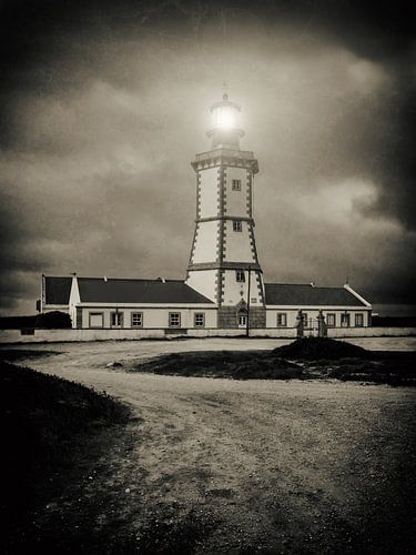 Cape Espichel Lighthouse on a Stormy Night - Black and White Sepia Scene of Portugal Iconic Beacon