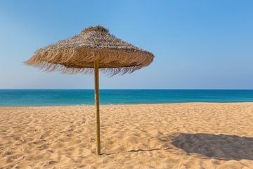 Rieten parasol op portugees strand met blauwe zee