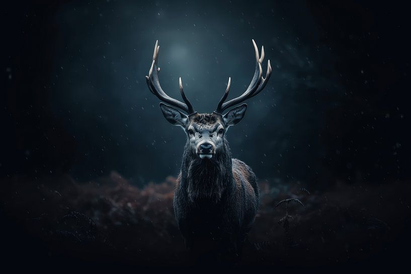 Dark but elegant portrait of a deer with a beam of light on its head by Digitale Schilderijen