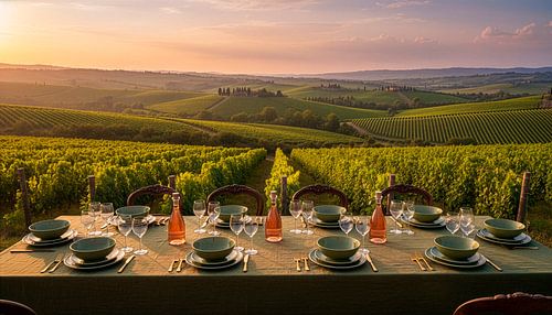 Toscaans landschap met gedekte tafel, tuscany landscape with set table