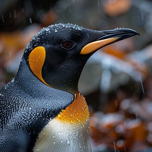Un manchot royal sous la pluie, avec des gouttes d'eau