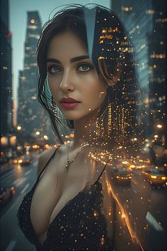 Vrouw in stad, dubbele belichting