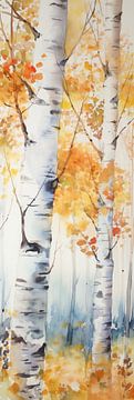 Tall Colorful Autumn Aspen Forest Watercolor Painting by Art In Focus