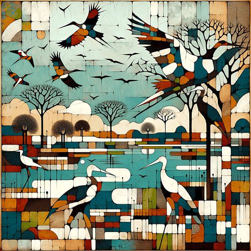 Collage/mozaïek van Afrikaans landschap met ooievaars