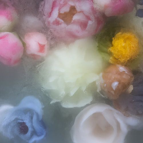 Flowers in ice: spring field bouquet