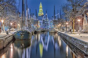 Winter met sneeuw bij de Hoge der A in de stad Groningen tijdens het Winter Welvaart Festival
