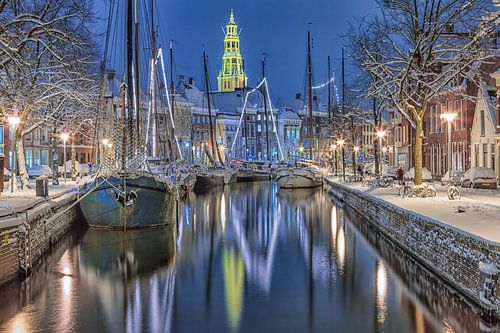 Winter met sneeuw bij de Hoge der A in de stad Groningen tijdens het Winter Welvaart Festival