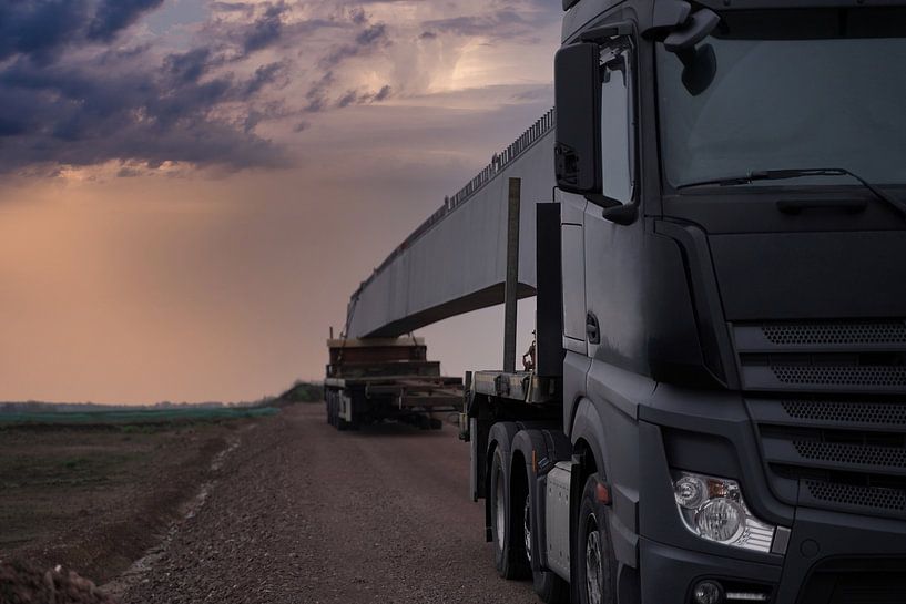 Arrival of heavy goods vehicles with bridge girders by Babetts Bildergalerie