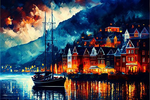 Bergen, stad in Noorwegen. Stijl Afremov