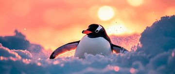 Pinguïn in de sneeuw bij zonsondergang van Poster Art Shop