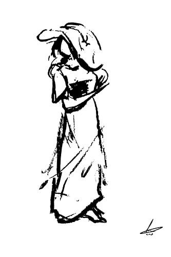 Zwart wit houtskool tekening abstracte vrouw met hoed