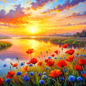 Coucher de soleil dans le souffle chaud de l'été - Sur le paysage fluvial riche en fleurs, entre étendue, lumière et mouvement silencieux sur AidasignArt