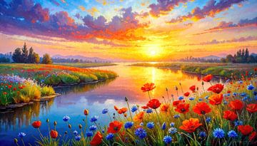 Sunset in the warm breath of summer - over the flower-filled river landscape between expanse, light and silent movement by AidasignArt