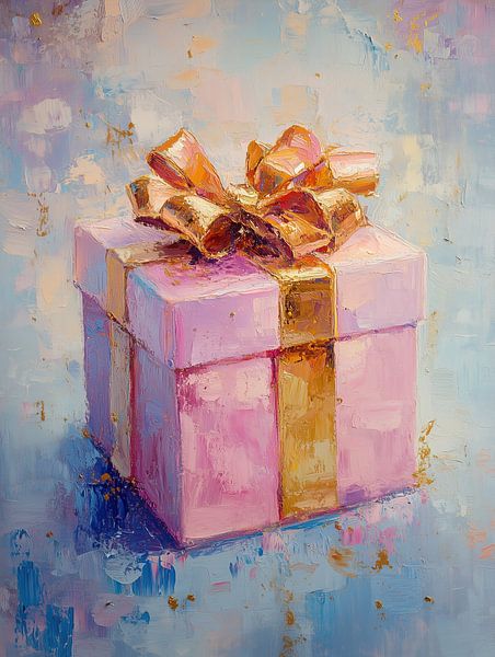 Gold Bow | Pink box with gold bow by Abstract Painting