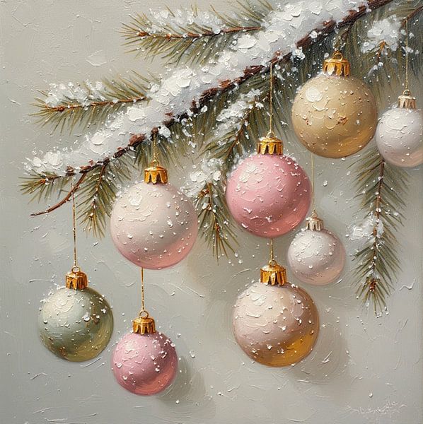 a picturesque Christmas atmosphere pine branches with snow and baubles. by J.a Dijkstra