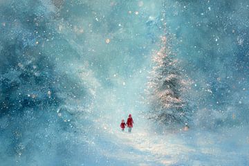 Marche de Noël dans la lumière et la neige Mère et enfant