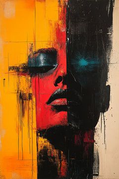 Tegenstellingen in Harmonie Abstract Portret in Rood, Geel en Zwart van Eva Lee