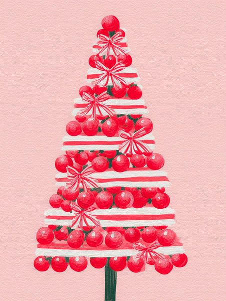Retro kerstboom illustratie met rode ballen en strikken op roze achtergrond van But First Framing