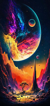 Colorful Surreal Alien World with Giant Crescent Planet