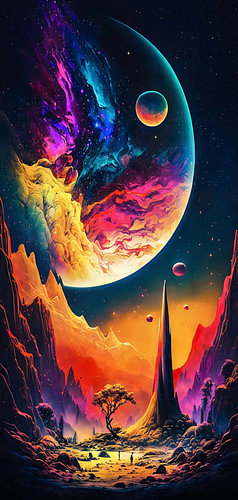 Colorful Surreal Alien World with Giant Crescent Planet