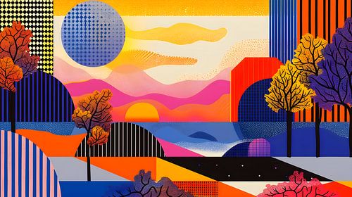 Abstract landschap zonsondergang kust en bomen