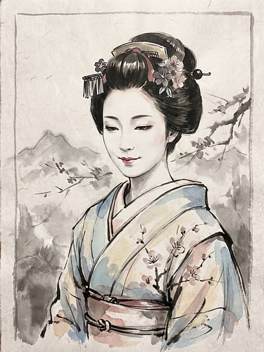 Serene Geisha Amid Misty Mountains and Blossoms