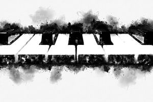 Piano Keyboard in Black and White Ink Splash Watercolor