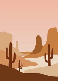 Minimalistische Flat-Illustration einer Wüstenlandschaft mit Saguaro-Kakteen und geschichteten Sandsteinformationen unter einem blassrosa Himmel. von Adam Khabibi