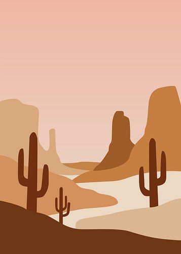 Minimalistische, platte illustratie van een woestijnlandschap met saguaro-cactussen en gelaagde zandsteenformaties onder een lichtroze hemel.