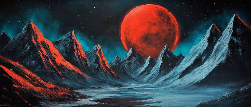 Red moon over icy mountains by Poster Art Shop